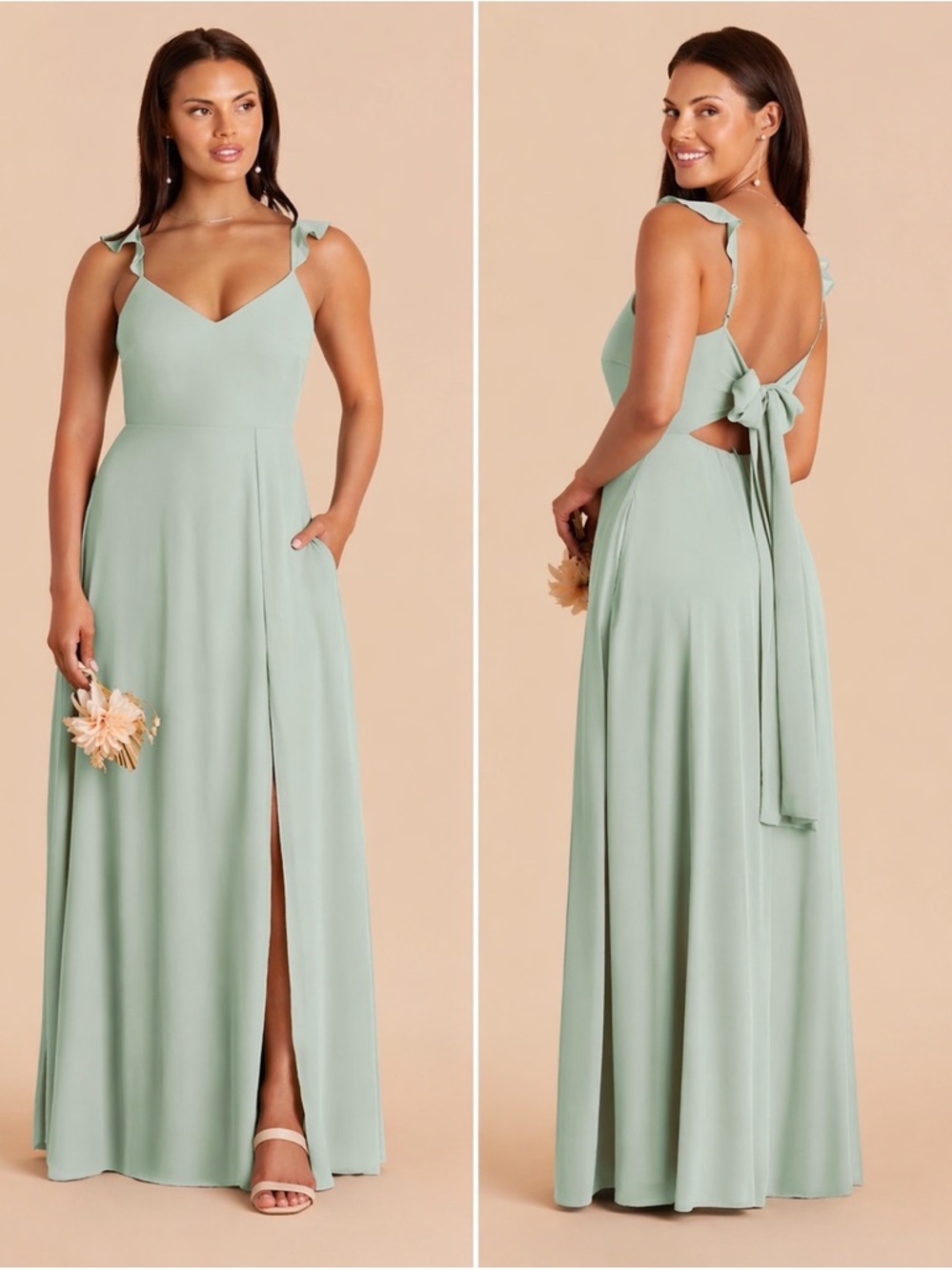 Birdy Grey Doris Dress Sage Chiffon Maxi Bridesmaid Slit Tie Back Size M 6-8 US
